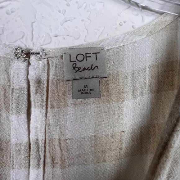 LOFT BEACH Womens M Lightweight Tan Gingham Plaid Gathered Knot Front Romper - Picture 2 of 6
